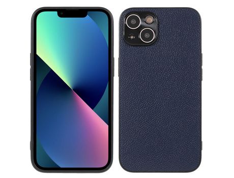 Funda de couro genuino textura de lichi azul por iPhone 13 6.1