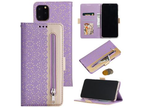 Carcasa PU pocket zipper flor rendas roxo por Apple iPhone 12 Pro/12 Max 6.1