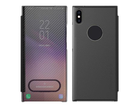 Funda TPU textura de fibra de carbono a prueba de choques con suporte negro translúcido por iPhone XS Max 6.5