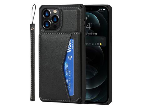 Funda TPU + PU con suporte porta-tarjetas híbrido negro por iPhone 12/12 Pro