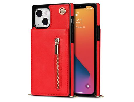 Funda TPU + PU con suporte y bandolera de ombro rojo por iPhone 13 6.1