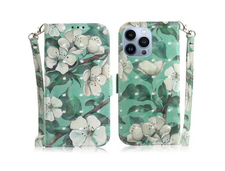 Funda PU + TPU decorazón de ponto de luz con suporte de flores brancas por iPhone 13 Pro 6.1