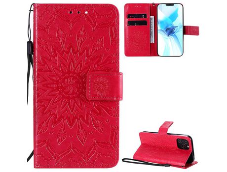 Carcasa PU con impresión de patrón de girassol con apoyo rojo por Apple iPhone 12/12 Pro