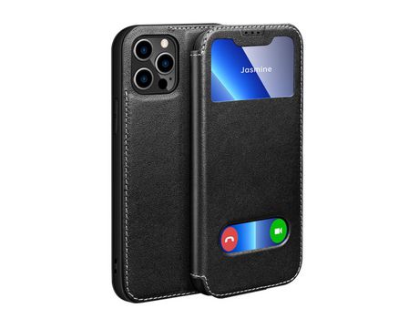 Funda de couro genuino Anti-lágrimas Ocupación de janela de visualización con suporte negro por iPhone 13 Pro 6.1