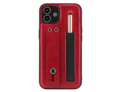 Funda TPU + PU a prueba de choques con suporte de pontapé de correia de mano con ranhura por caneta rojo por iPhone 12 6.1
