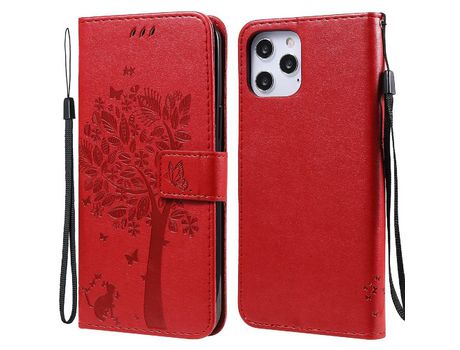 Funda PU + TPU a prueba de choques patrón de gato y árbol con verso rojo por iPhone 12 Pro Max 6.7