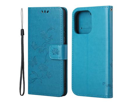 Funda PU + TPU patrón de flores y mariposas con fundo azul por iPhone 13 6.1