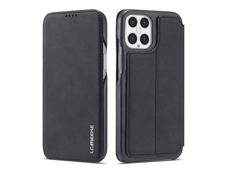 Carcasa PU estilo retro con suporte y suporte de tarjeta negro por Apple iPhone 12 Pro Max 6.7