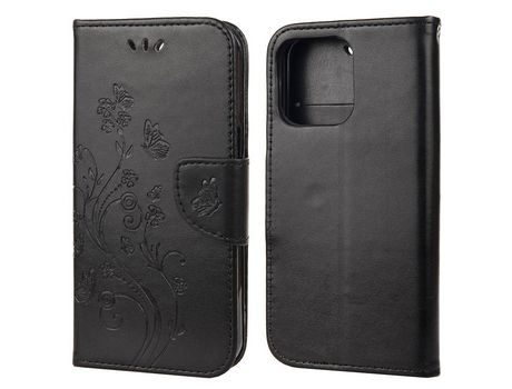 Funda PU + TPU patrón de flores y mariposas con fundo negro por iPhone 13 6.1