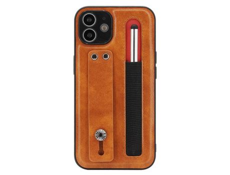 Funda TPU + PU a prueba de choques con suporte de pontapé de correia de mano con ranhura por caneta marrón por iPhone 12 6.1