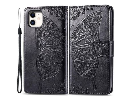 Funda PU patrón de mariposa y flor negro por iPhone 12/12 Pro 6.1