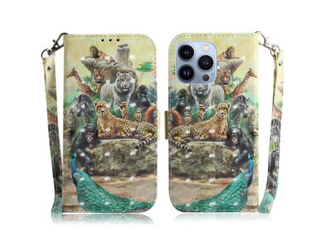Funda PU + TPU decorazón de pontos claros con suporte del reino animal por iPhone 13 Pro 6.1