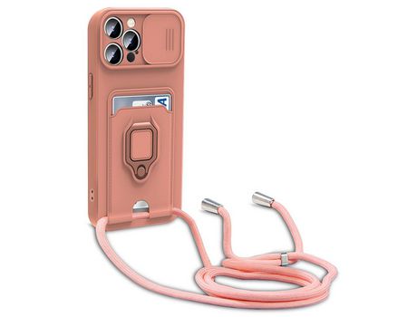 Funda TPU con suporte de pontapé ranhuras por tarjetas proteccion da lente da câmara y cable de segurança rosa por iPhone 13 Pro 6.1