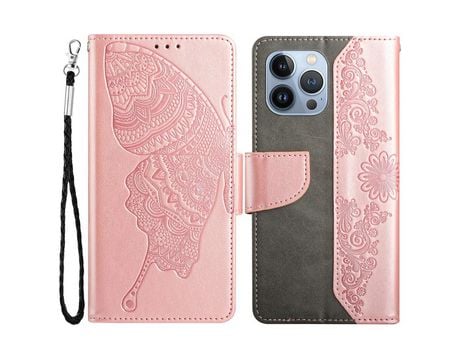 Funda PU patrón de mariposa y flor ouro rosa por iPhone 13 Pro Max 6.7