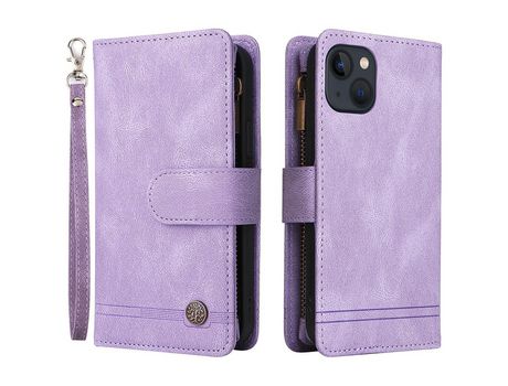 Funda PU patrón de listras con ranhuras por tarjetas y bolso con Cerrar de correr púrpura por iPhone 13 6.1