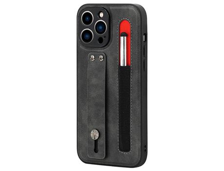 Funda TPU + PU con suporte de pontapé de correia de mano con ranhura por caneta cinza por iPhone 13 Pro 6.1