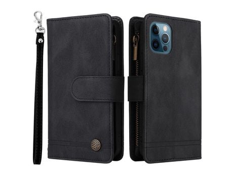 Funda PU patrón de listras con ranhuras por tarjetas y bolso con Cerrar de correr negro por iPhone 12/12 Pro 6.1