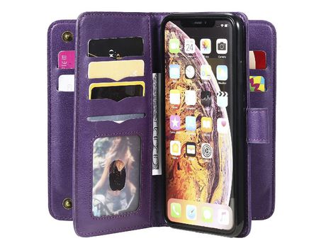 Funda PU + TPU slots por vários tarjetas a prueba de choques con suporte púrpura por iPhone XS Max 6.5