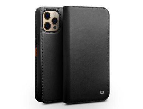 Funda de couro genuino QIALINO o con suporte negro por iPhone 13 Pro Max 6.7