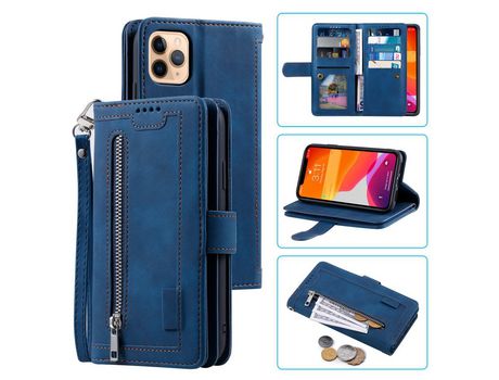 Carcasa PU bolso con estante con 9 titulares de tarjeta azul por Apple iPhone 12 Pro/iPhone 12 Max 6.1