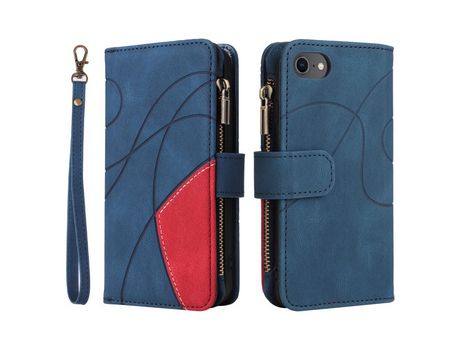 Funda PU emenda bicolor à prova de poeira con bolso con Cerrar de correr y ranhuras por tarjetas azul por iPhone SE (2022)/SE (2020)/8/7 4.7