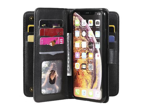 Funda PU + TPU slots por vários tarjetas a prueba de choques con suporte negro por iPhone XS Max 6.5