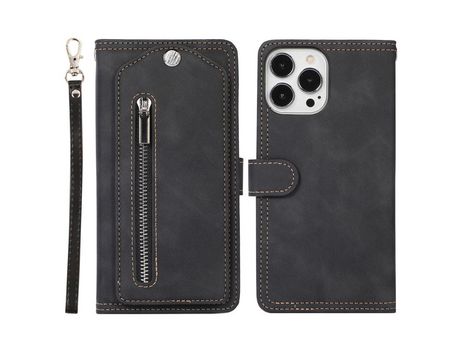Funda PU bolso giratório con zíper con slots de tarjeta negro por iPhone 13 Pro 6.1