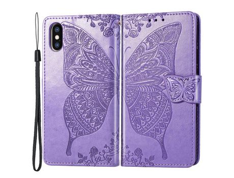 Funda PU patrón de mariposa y flor púrpura claro por iPhone XS Max 6.5