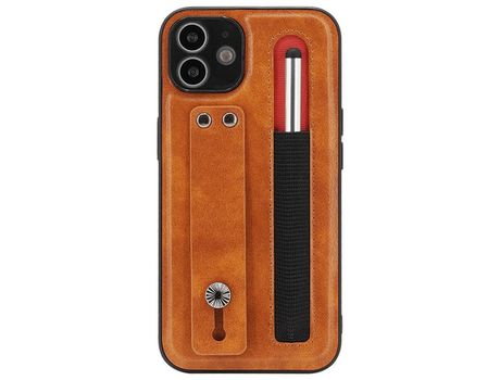 Funda TPU + PU con suporte de pontapé de correia de mano con ranhura por caneta marrón por iPhone 11 6.1