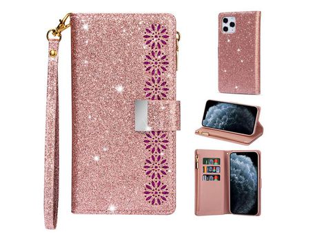 Carcasa PU reluzente estilo estrelado zipper escultura de laser ouro rosa por Apple iPhone 12 Max/12 Pro 6.1