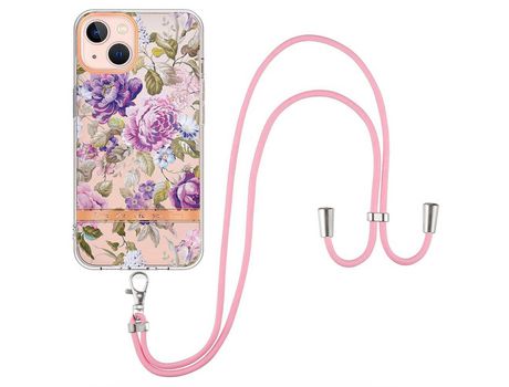 Funda TPU galvanizado patrón de flores con bandolera de ombro ajustável peonía roxa por iPhone 13 6.1