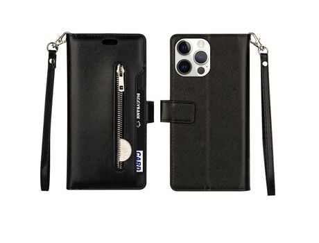 Funda PU + TPU multifuncional con suporte y bolso con zíper negro por iPhone 13 Pro Max 6.7