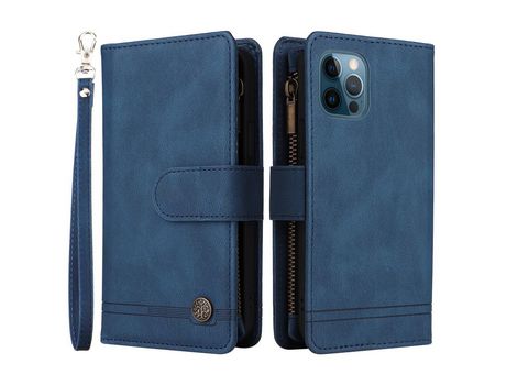 Funda PU patrón de listras con ranhuras por tarjetas y bolso con Cerrar de correr azul por iPhone 12/12 Pro 6.1