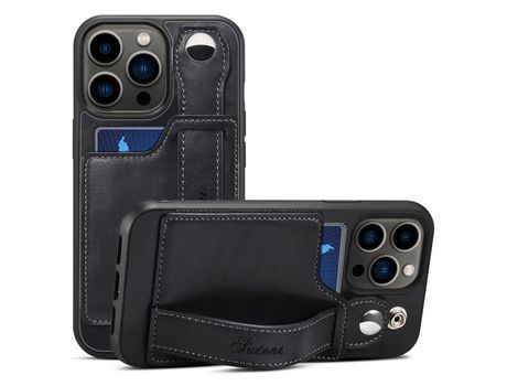 Funda TPU + PU con muleta por pulseira y porta-tarjeta negro por iPhone 13 Pro Max 6.7