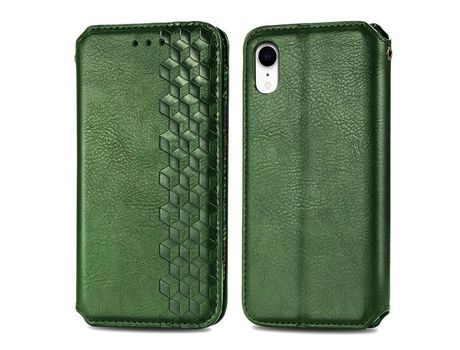 Funda PU patrón de losango con soporte verde por iPhone XR 6.1