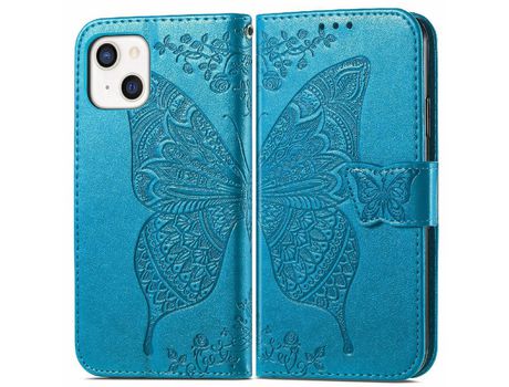 Funda PU + TPU patrón de mariposa grande con bandolera azul por iPhone 13 mini 5.4