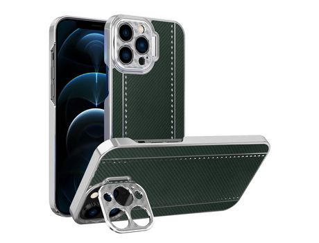 Funda TPU + PU textura de kevlar y fibra de carbono Anti-lágrimas galvanoplastia con muleta verde por iPhone 12 Pro 6.1