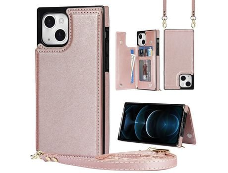 Funda TPU + PU Ocupación de deslizamento anti-roubo de cuadra de RFID con suporte y bandolera de ombro ouro rosa por iPhone 13 mini 5.4