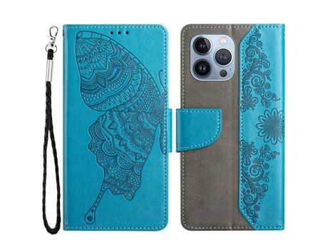 Funda PU patrón de mariposa y flor azul por iPhone 13 Pro Max 6.7