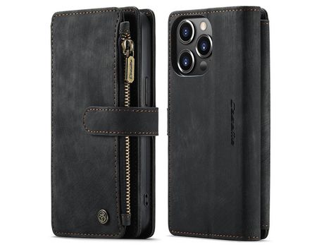 Funda PU + TPU CASEME bolso con zíper con suporte negro a prueba de choques por iPhone 13 Pro 6.1