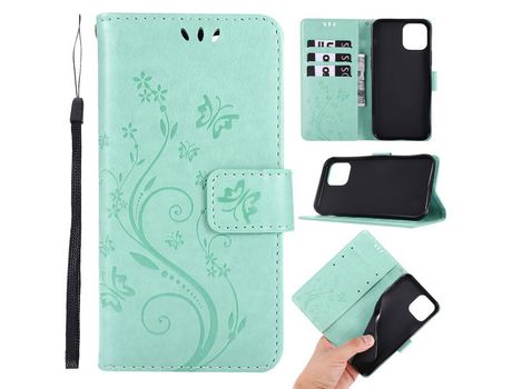 Carcasa PU polilla flor imprint cian por Apple iPhone 12 Pro/Max 6.1