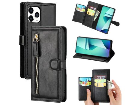 Carcasa PU bolso con estante con apoyo negro por Apple iPhone 12 Max/Pro 6.1