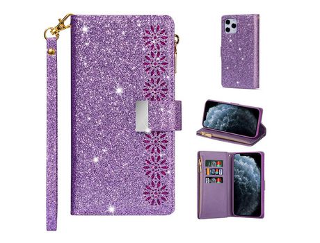 Carcasa PU reluzente estilo estrelado zipper escultura de laser roxo por Apple iPhone 12 Max/12 Pro 6.1