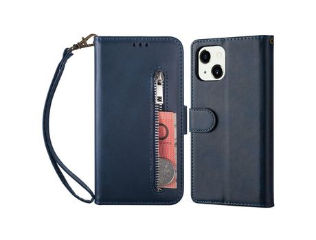 Funda PU + TPU con suporte con bolso externo con zíper azul por iPhone 13 6.1