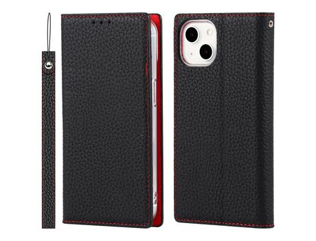 Funda de couro genuino lichia listrada Anti-lágrimas con pé negro por iPhone 13 6.1