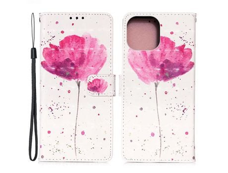 Funda PU + TPU 3D bonito a prueba de choques magnético con bandolera de flor rosa por iPhone 13 mini 5.4