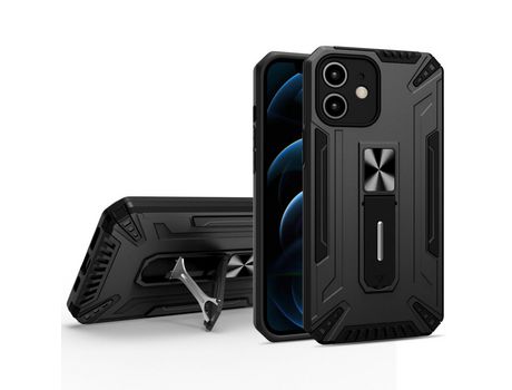 Funda TPU con descanso híbrido a prueba de choques con suporte magnético por carro negro por iPhone 12 6.1