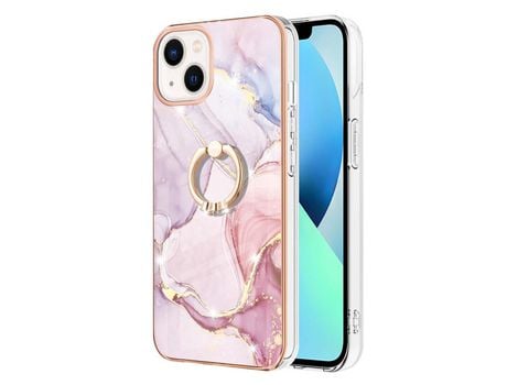 Funda TPU Galvanizado flexível patrón de mármol vívido con suporte de ouro rosa por iPhone 13 mini 5.4