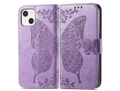 Funda PU + TPU grande patrón de mariposa de travamento de queda con bandolera roxa por iPhone 13 6.1