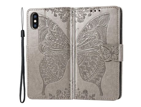Funda PU patrón de mariposa y flor cinza por iPhone XS Max 6.5
